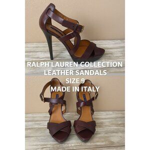 Ralph Lauren Collection Burgundy Leather Crisscross Strap Heels Sandals Sz 39